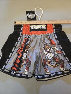 TUFF Muay Thai Shorts Small 24" Waist, Mongolian Warrior Gray Red Black NWT